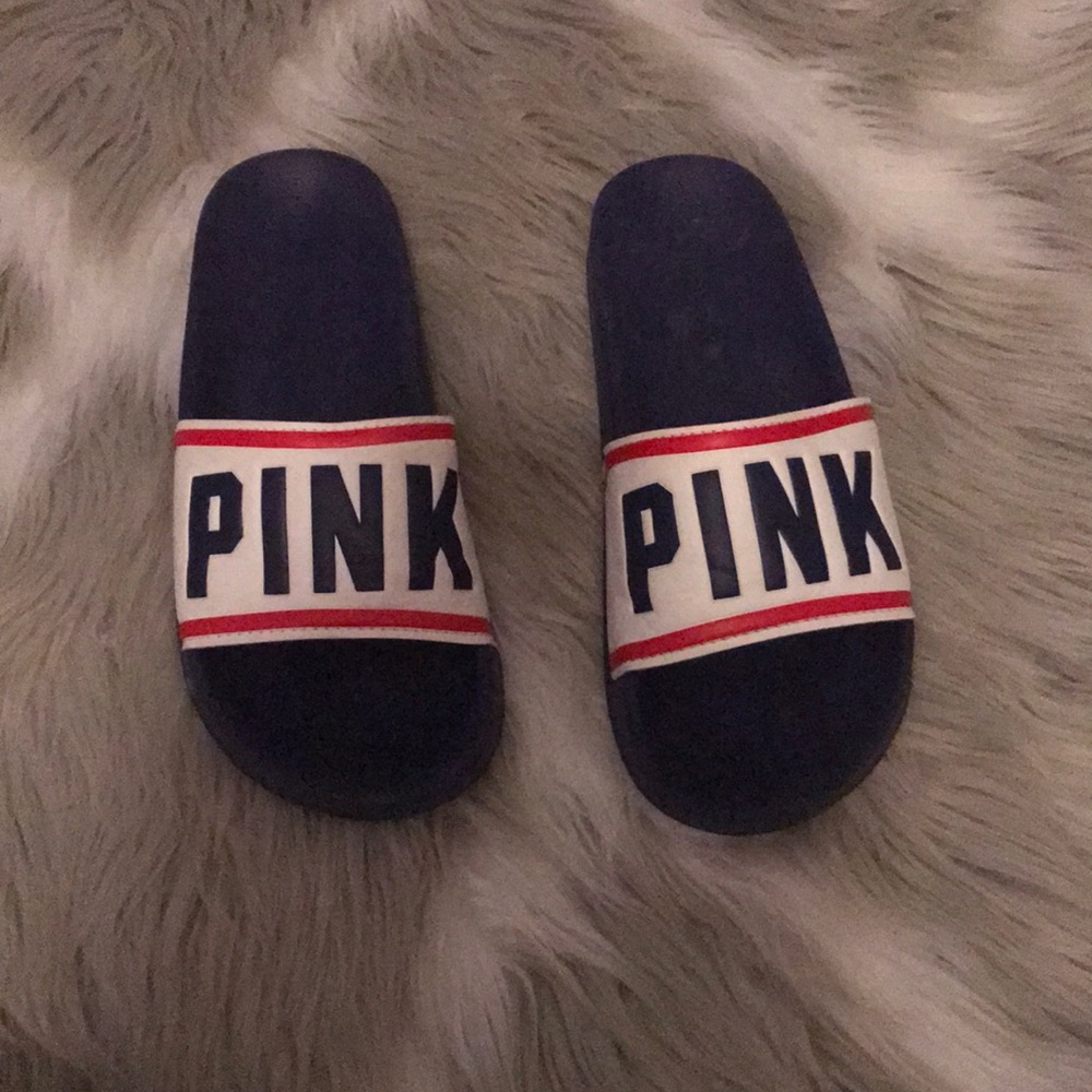 Women’s red white and blue slides